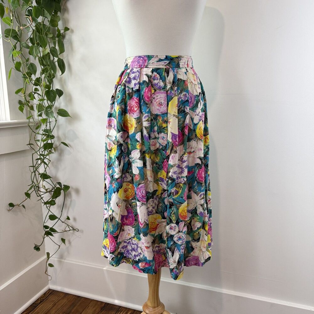 Vintage 90s Worthington Watercolor Floral Pleated Rayon Midi Skirt